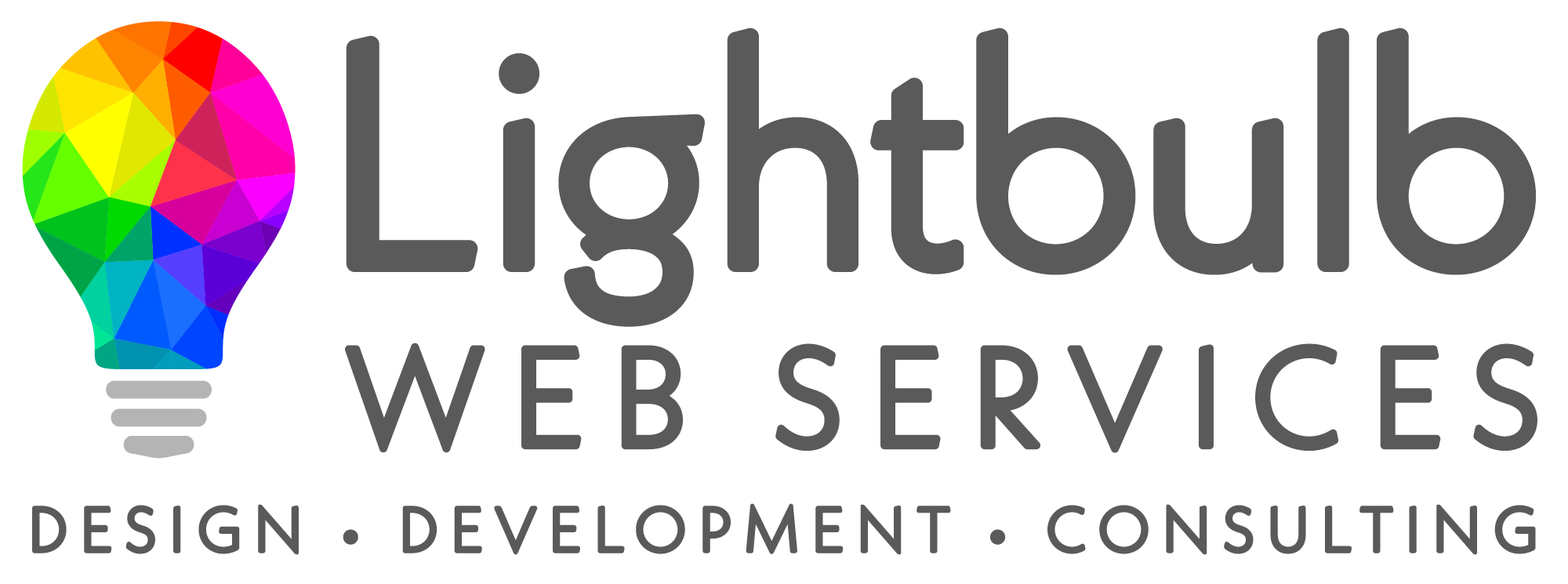 Lightbulb Web Services logo. Rainbow lightbulb with the words Lightbulb WEB SERVICES. DESIGN. DEVELOPMENT. CONSULTING.